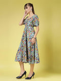 Oomph! Women'S Western & Fusion Wear Printed Crepe Dress For Women Puffed Sleeve Grey - Md992,Aegan Blue,Aegan Blue,L