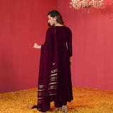 Anni Designer Women'S Rayon Blend Anarkali Solid Kurta With Pant & Dupatta (Jaynti Wine_Xl_Wine_X-Large),Wine,XL,Rayon Blend,Anarkali,