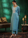 Libas Womens Yoke Design Silk Blend Straight Kurta With Trousers And Dupatta Turquoise Blue Xl