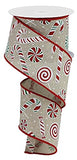 Candy Canes & Peppermints Wired Edge Ribbon, Light Natural Red Green 2.5 Inches x Christmas, 10 Yards