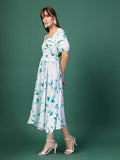 Oomph! Women'S Western & Fusion Wear Printed Crepe Dress For Women Puffed Sleeve Blue - Md1042,Aquamarine BlueApparel,S