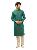Manyavar Men's Green Blended Cotton Embroidered Kurta Pyjama Set