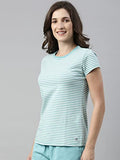Enamor Essentials Women's Relaxed Fit Short Sleeves Crew Neck Slim Fit Breathable Stretch Regular Length Cotton Tee - EA47(EA47-Bali Green Str -M),Bali Green Stripes
