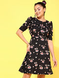 Oomph! Women'S Western & Fusion Wear Below Knee Shift Black Dress In Crepe Fabric With Round Neck And Puff Sleeves - Md627M