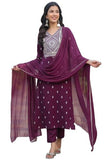 Gosriki Women'S Cotton Blend Straight Printed Kurta With Pant & Dupatta (Sawre Wine-Gs_M_Wine_Medium),Wine,,B0CQPG939Q