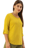 Enamor Essentials Women's Slim Fit Henley Neck 3/4th Sleeves Cotton Tee with Snap Button Placket Front & Sleeve Tab - E129(E129-Mustard Yellow W/Energy-L),Mustardylw W/Energy