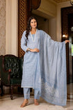 Anni Designer Women'S Rayon Blend Straight Printed Kurta With Pant & Dupatta (Soneva Blue_Xxl_Blue_Xx-Large),Blue,2XL,Rayon Blend,Regular,