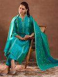 Libas Womens Woven Design Silk Blend Straight Kurta With Trousers And Dupatta Turquoise Blue 5Xl