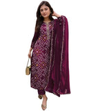 Gosriki Women'S Rayon Viscose Straight Bandhej Printed Kurta With Pant & Dupatta (Turae Wine-Vks03-Gs_Xl_Wine_X-Large),Wine,,B0F8QB4V8X