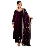 Libas Womens Embellished Velvet Straight Kurta With Trousers And Dupatta