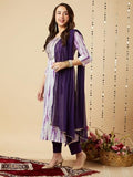 Anni Designer Women'S Cotton Blend Straight Printed Kurta With Pant & Dupatta (Tiedye-Begani_3Xl_Violet_Xxx-Large),Violet,3XL,Cotton Blend,Regular,Dupatta