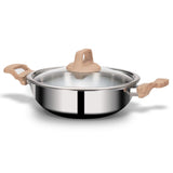 ARTTDINOX Timber Triply Stainless Steel Kadai | Triply Cookware| Steel Kadai for Cooking | Triply Kadhai with Lid, 24cm, 2.7Ltr,