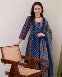 Anni Designer Women'S Rayon Viscose Anarkali Printed Kurta With Palazzo & Dupatta (Nakula Blue_Xl_Blue_X-Large),Blue,XL,,,