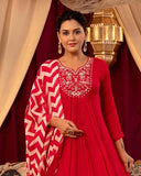 Gosriki Women'S Rayon Blend Anarkali Embroidered Kurta With Pant & Dupatta (Varalaxmi Red-Gs_M_Red_Medium),Red,,B0DHKRVDRJ