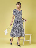 Oomph! Women'S Western & Fusion Wear Printed Crepe Dress For Women Puffed Sleeve White - Md990,Berry BlueApparel,M