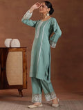 Libas Womens Self Design Silk Blend Straight Kurta With Palazzos And Dupatta Green Xl