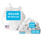 Highbar Select Clear Trash Bags,40-45 Gallon Trash Bags, 40 x 48, 250 Count, 16 Micron, High Density, Ideal for Janitors, Facili