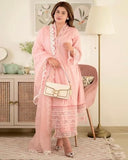 Anni Designer Women'S Cotton Blend Embroidered Straight Kurta With Pant & Dupatta (Arora Pink_S_Pink_Small),Pink,S,Cotton Blend,Regular,