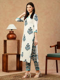 Anni Designer Women'S Cotton Blend Straight Printed Kurta & Pant (Cheer White_M_White_Medium),White,M,Rayon Blend,Classic,Kurta