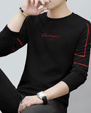 Eyebogler Mens Cotton Blend Round Neck Full Sleeve Printed Tshirt Black Red,Black RedApparel,L