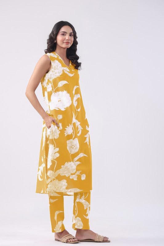 Anni Designer Women'S Rayon Viscose Straight Printed Kurta With Pant (Teras Yellow_L_Yellow_Large),Yellow,L,,,