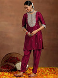 Libas Women'S Silk Blend Kurta Set (Gs941_Maroon Maroon L