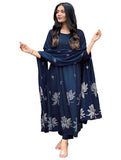 Anni Designer Women'S Rayon Viscose Anarkali Printed Kurta With Pant & Dupatta (Gangori Kerosin_Xxl_Dark Blue_Xx-Large),Dark Blue,2XL
