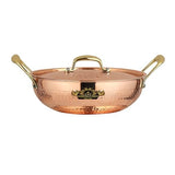 CROCKERY WALA & COMPANY cWc Copper Kadai with Lid, 2.2 Litre | Hammered Copper Cookware with Brass Handles | Traditional Indian