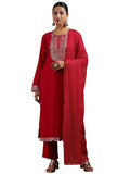 Libas Womens Embroidered Silk Blend Straight Kurta With Trousers And Dupatta