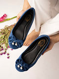 Shoetopia Women & Girls Blue Velvet Ballet Flats Slip-On Shoes With Bow & Pearl Charm | Comfortable Casual Dress Shoes Eu41,Blue,8,B0BSCCKSCT