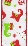 Elf Boots Satin Christmas Wired Ribbon, White Red Lime 2.5 Inches x 10 Yards