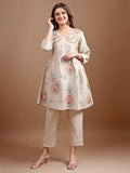 Womanista Women'S Beige Colour Linen Multi Thread Embroidery Flared Tunic With Trouser Coord Set(Co-Ords_9102_Xl)