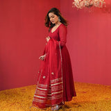 Anni Designer Women'S Rayon Blend Anarkali Solid Kurta With Pant & Dupatta (Jaynti Red_L_Red_Large),Red,L,Rayon Blend,Anarkali,Kurta, Scarf