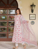Anni Designer Women'S Cotton Blend Straight Printed Kurta With Pant & Dupatta (Vinki White_M_White_Medium),White,M,Cotton Blend,Straight,Dupatta