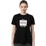 Enamor Athleisure Relaxed Fit Short Sleeve Round Neck Antimicrobial Finish Breathable Stretch Cotton Activewear Sports Tshirt for Women - A301 (A301_Jet Black/Be Here Graphic_M),Jet Black / Be Here