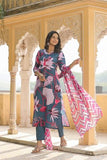 Anni Designer Women'S Cotton Blend Straight Printed Kurta With Pant & Dupatta (Sohini Grey_L_Grey_Large),Grey,L,Cotton Blend,Regular,