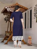 Anni Designer Women'S Cotton Blend Straight Solid Kurta With Pant (Takada Navy Blue_Xxl_Navy Blue_Xx-Large),Navy Blue,2XL,Cotton Blend,Regular,