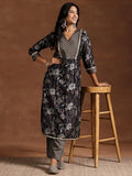 Libas Womens Printed Silk Blend Straight Kurta With Trousers Teal Blue M