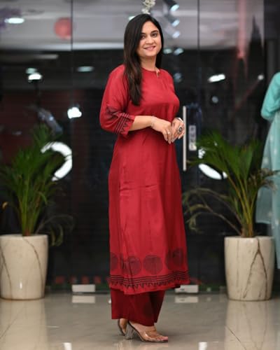 Anni Designer Women'S Rayon Viscose Straight Printed Kurta With Pant (Ramkund Red_L_Red_Large),Red,L,Rayon Blend,Classic,