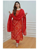 Anni Designer Women'S Rayon Blend Straight Bandhani Printed Kurta With Pant & Dupatta (Nagwar Red_M_Red_Medium),Red,M,Rayon Blend,Regular,