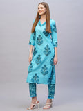Anni Designer Women'S Rayon Blend Straight Printed Kurta With Pant (Cheer Blue_Xxl_Blue_Xx-Large),Blue,2XL,Rayon Blend,Regular,