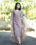 Anni Designer Women'S Cotton Blend Printed Straight Kurta With Pant & Dupatta (Moringa Pink_M_Pink_Medium),Pink,M,Cotton Blend,Regular,