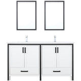 Lexora Ziva 60 in W x 22 in D White Double Bath Vanity, Cultured Marble Top, Faucet Set and 22 in Mirrors