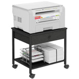 Homleke 2-Tier Under Desk Printer Stand with Drawer, Mobile Printer Table with Lockable Wheels, Heavy Duty Metal Frame & Wood Sh
