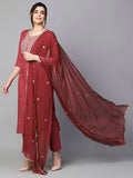 Gosriki Women'S Cotton Blend Embroidered Straight Kurta With Pant & Dupatta (Kasturi Maroon-Ngt-Gs_S_Maroon_Small),Maroon,,B0CKLR8481