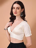 Womanista Women'S Dupion Silk Solid Short Sleeve Regular Fit V Neck Blouse (Bl_66_White S)