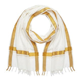 Traditional White Cotton Scarf With Golden Border | Angavastram For Men | Pooja Shawl For Religious Ceremonies, Festivals & Dail