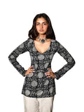 Women Black & White Floral Printed Viscose Rayon Short Kurti With Belt Full Sleeve Casual Kurta (In, Alpha, S, Regular)