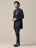 Kisah Men'S Kurta Jacket Trouser Set, Blue Cotton Blend, Embellished Regular Fit Mandarin Collar Long Sleeves (38)