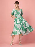 Oomph! Women'S Western & Fusion Wear Printed Crepe Dress For Women Puffed Sleeve Green - Md1039,Pickle GreenApparel,S